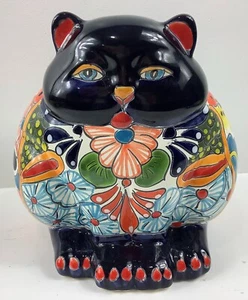 Mexican Folk Art Talavera Pottery Ceramic Cat Planter 7.75"x8.75"x9" - Picture 1 of 6