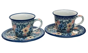 2 Unikat handgefertigte polnische Keramik Tasse & Untertasse Sets 6 Unzen Floral signiert nummeriert - Bild 1 von 10