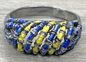 Anello Artigianale Vintage Smalto Blu e Giallo Cupola Marcato 'Argento' TG 6 - Foto 1 di 11