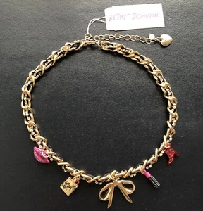 Betsey Johnson Charm Necklace Beauty & Fashion Themed w/ Black Ribbon Gold Chain - Picture 1 of 6