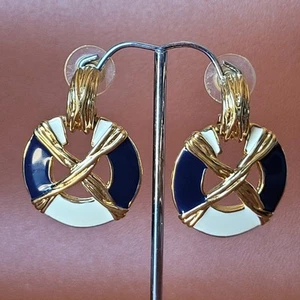Vintage Goldtone Blue & White Enamel Nautical Dangle Drop Pierced Earrings - Picture 1 of 10