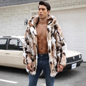 European Style Mens Colorblock Hooded Mid Long Faux Fox Fur Coat Overcoat Winter - Picture 1 of 16