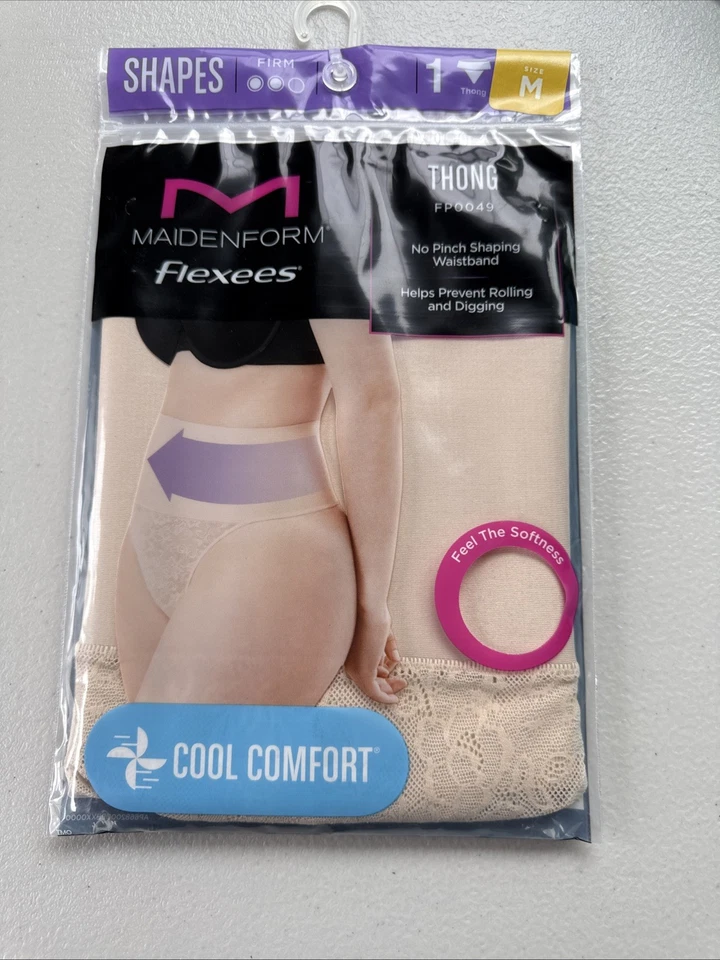 Maidenform Flexees Lace Thong Smoothing Shapewear Cool Comfort Nude Medium