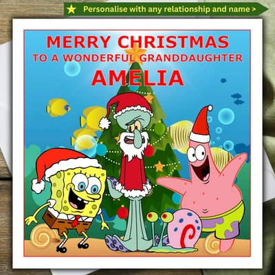 SPONGE BOB CHRISTMAS CARD personalised with NAME and RELATIONSHIP