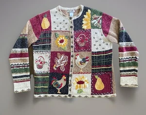 VTG Tiara Harvest Cardigan Sz M Chickens Y2K Cottage Granny Core Chunky Knit - Picture 1 of 13