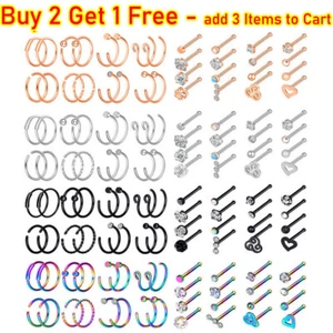 16-32Pcs Nose Ring Hoop Surgical Steel CZ Straight Bone Stud Nose Stud Ring 20G - Picture 1 of 33