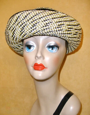 Sombrero bretón paja a rayas beige amarillo gris beige años 60 para dama con ribete negro de Sears Foto 1 de 4