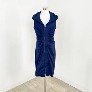 Joseph Ribkoff Ruffle Collar Front Zip Up Dress Knee Length Pleated Navy Size 8 - Picture 1 of 11