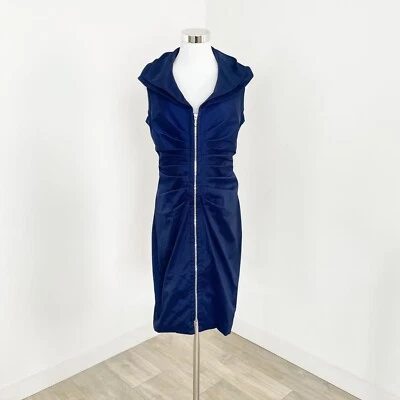 Joseph Ribkoff Ruffle Collar Front Zip Up Dress Knee Length Pleated Navy Size 8 - Image 1 of 4