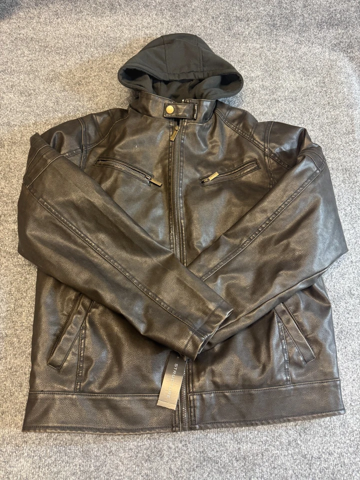 Structure Leather Jacket Men's Large Black Sherpa Lined Full Zip Warm Jacket - Image 1 of 4