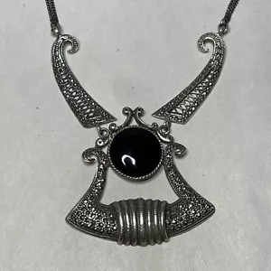 Opulent Nouveau Art Antique Onyx Silver Marcasite Art Deco Statement Necklace F7 - Picture 1 of 9
