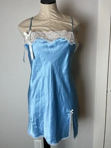 Vintage Y2K Victoria Secret Slip Dress Medium Blue Satin Lace Slit Bow Lingerie - Picture 1 of 9