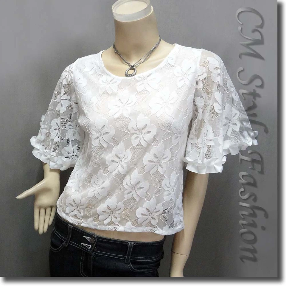 Blusa boho elegante de encaje transparente manga campana blanca S Foto 1 de 4