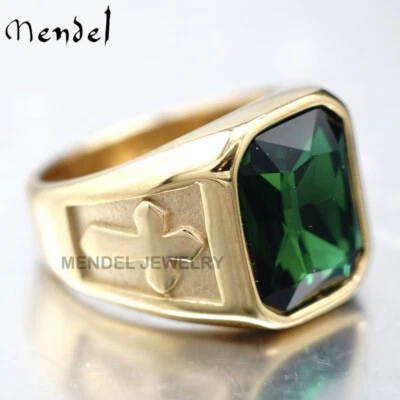 MENDEL Mens Gold Plated Christian Cross Green CZ Stone Ring For Men Size 7 8-15 - Image 1 of 4