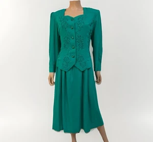80-s VTG Plaza South Green Long Sleeve Embroidered Bead Dress Size Large (18) - Picture 1 of 21
