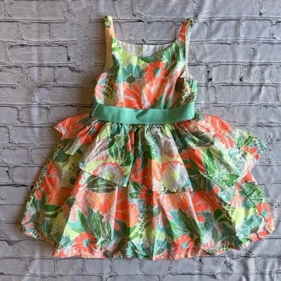 Cat and Jack Girls Medium Dress Size 7/8 Neon Floral Layered Ruffled Ribbon Bow - Image 1 of 4