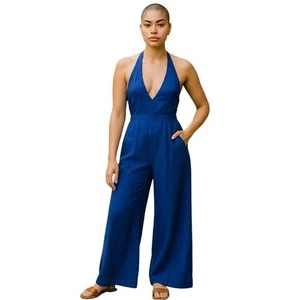 Mono para mujer Farm Rio azul lino halter espalda pierna ancha plisado XS - Imagen 1 de 16