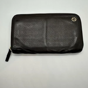 Gucci Chocolate Brown Pebbled Leather Long Zip International Wallet - Picture 1 of 13