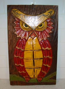 Vintage MCM Wooden Owl Wall Hanger Hand Carved And Painted 17”x10” Plaque - Picture 1 of 10