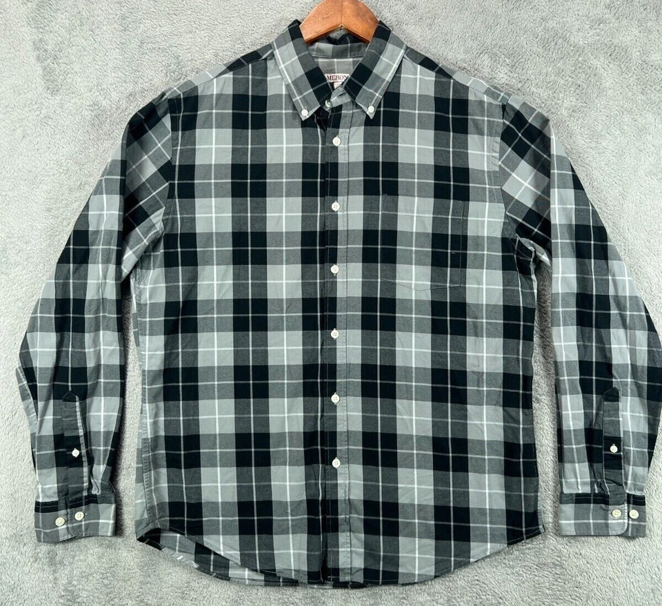 Camisa negra grande MERONA para hombre a cuadros con botones gris manga larga 100 % algodón Foto 1 de 4