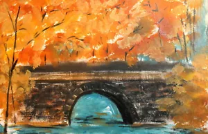 Pintura al óleo fauvista paisaje río otoño puente de piedra - Imagen 1 de 12