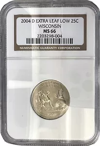 2004-D 25C Wisconsin State Extra LEAF LOW Washington Quarter NGC MS66 Coin 004 - Picture 1 of 2
