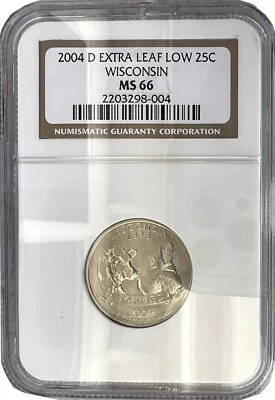 2004-D 25C Wisconsin State Extra LEAF LOW Washington Quarter NGC MS66 Coin 004 - Image 1 of 2