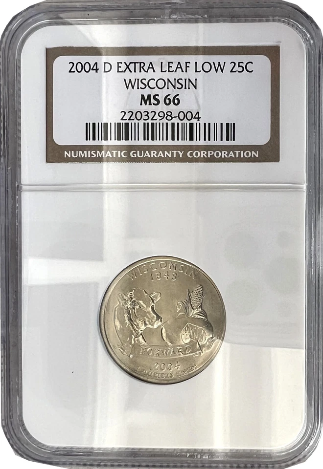2004-D 25C Wisconsin State Extra LEAF LOW Washington Quarter NGC MS66 Coin 004 - Image 1 of 2