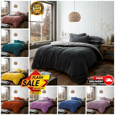 TEDDY BEAR FLEECE DUVET COVER SET REVERSIBLE WINTER COSY SINGLE DOUBLE KING SIZE