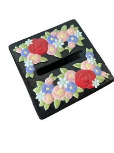 Mary Engelbreit Tissue Box Cover (2000) Porcelain Black with flowers & polka dot - Picture 1 of 9