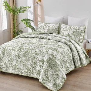 Botanisches Quilt Set Queen Size, Salbeigrün 3-teilig Toiletten Blumen Pflanzen bedruckt - Bild 1 von 7