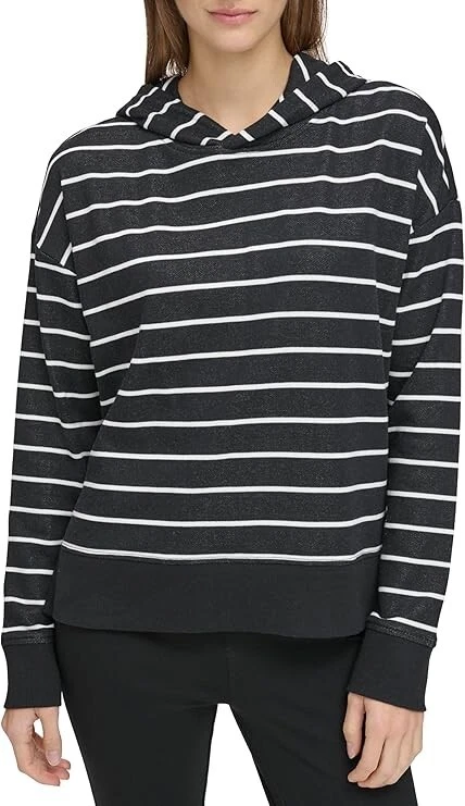 Женская модная толстовка с капюшоном Andrew Marc с длинным рукавом, черная/белая полоса, размер средний - Изображение 1 из 3