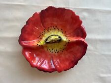 Vtg California Pottery Poppy Floral Divided Condiment Dish Decor Red Yellow