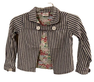 Hanna Andersson Jacket Girls Blue Ticking Striped Button Floral Lining 130 Sz8 - Picture 1 of 8