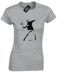 FLOWER THROWER BANKSY LADIES T-SHIRT STREET ART CLASSIC COOL FUNNY DESIGN GIFT - Picture 1 of 24
