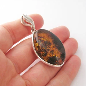 Pendentif ambre véritable mer baltique argent massif 925 PE174b - Picture 1 of 2