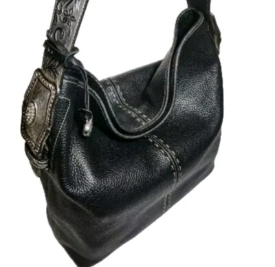 BRIGHTON JEWELED CONCHO BLACK SILVER EMBOSSED ACCENTS SHOULDER BAG LG HOBO $330 - Image 1 of 4