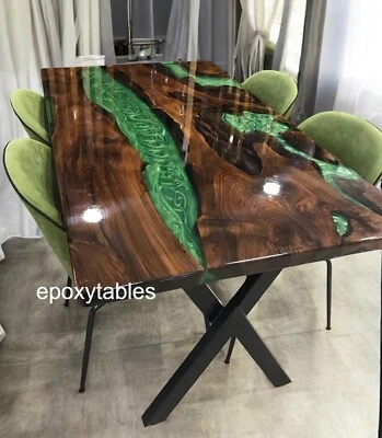 Green Custom Made Epoxy Resin Dining Table Handmade Wooden Furniture Home Decors - Image 1 of 4