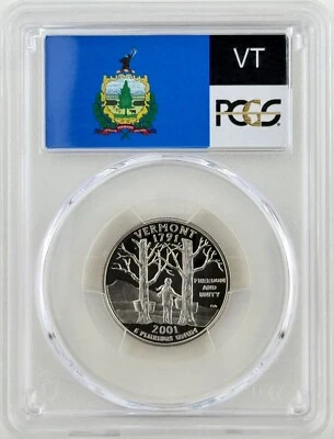 Vermont Quarter PR 70 DCAM PCGS Clad 2001 Best Top Grade 25c State Flag Label - Image 1 of 2