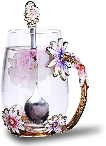 Luka Tech Enamels Butterfly Flower Glass Coffee Mugs Tea Cup With Steel Spoon