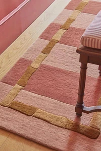"Modern Pink Striped Area Rug 5x8 Bamboo Border Handmade Wool Carpet Living Room - Picture 1 of 4