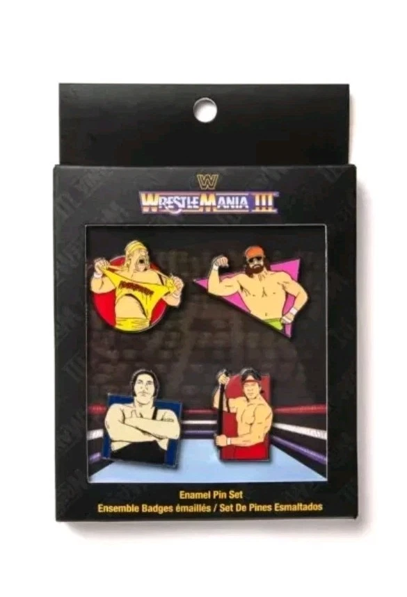 WWE Funko Wrestlemania 3 Enamel 4 Pin Set WWF Hulk Macho Andre Steamboat Le 5000