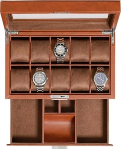 ROTHWELL 10-Slot Watch Box in Leather with Valet Drawer, Luxury Tan/Brown - Picture 1 of 8