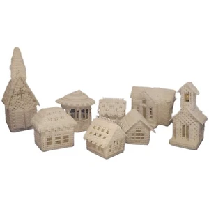 COMPLETO Plastica Tela Villaggio Neve Natale Punto Croce Ricamo Vintage  - Foto 1 di 11