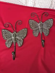 BUTTERFLY Wall Hooks Coat Rack Plaques Metal Iron Patina SET of 2 ~~ 8.5" X 6" - Picture 1 of 6