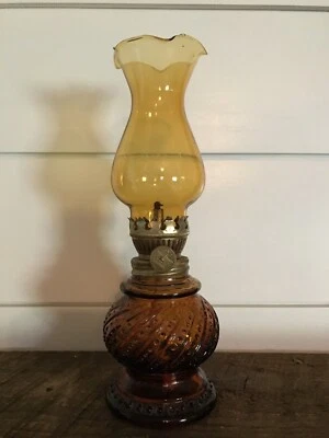 Vintage~ Miniature Oil Lamp Honey Amber  Glass Base~Made in Japan - Image 1 of 4
