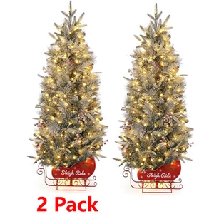 4.5FT Artificial Flocked Christmas Tree w/ 200 Warm White Lights Xmas Decoration - Picture 1 of 9