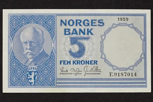 5 Kronen 1959 ~ P-30 Norwegen ~ schöne Erhaltung - Bild 1 von 2