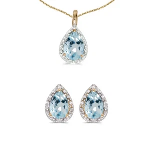 10k Yellow Gold Pear Aquamarine And Diamond Earrings and Pendant Set - Picture 1 of 1