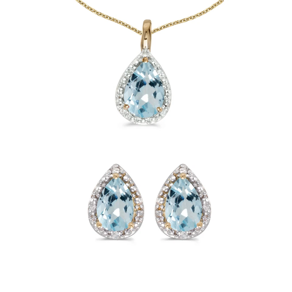 10k Yellow Gold Pear Aquamarine And Diamond Earrings and Pendant Set - Image 1 of 1